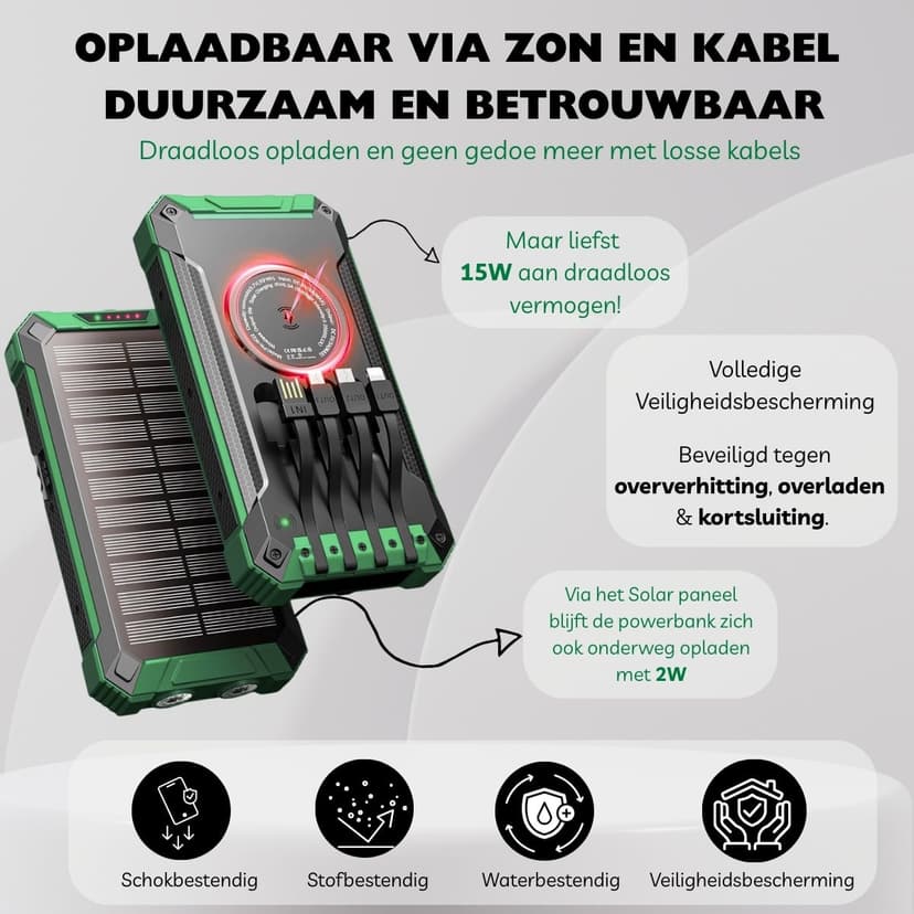 Avyra Solar Powerbank 20000mAh 15W Draadloos Opladen - 22.5W Snellader